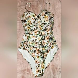 RELLECIGA Cream One Piece Swimwear with Leaf Print